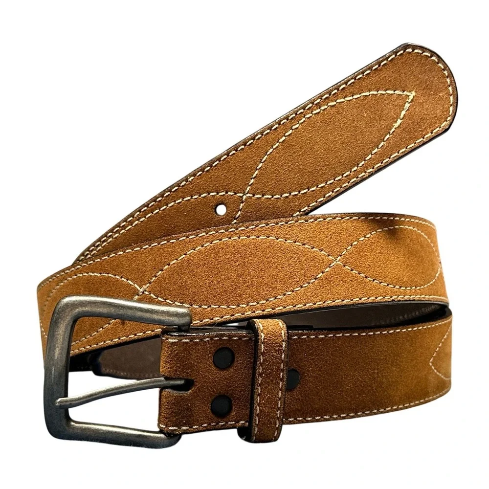 Tan Suede Leather Western Stitch Belt Mens 42 Silver Buckle 2764-020